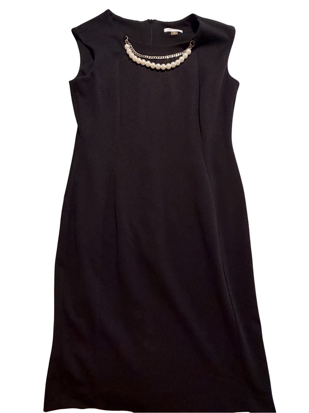 Calvin Klein Black Midi Shift Dress with Faux-Pearl & Chain Neckline